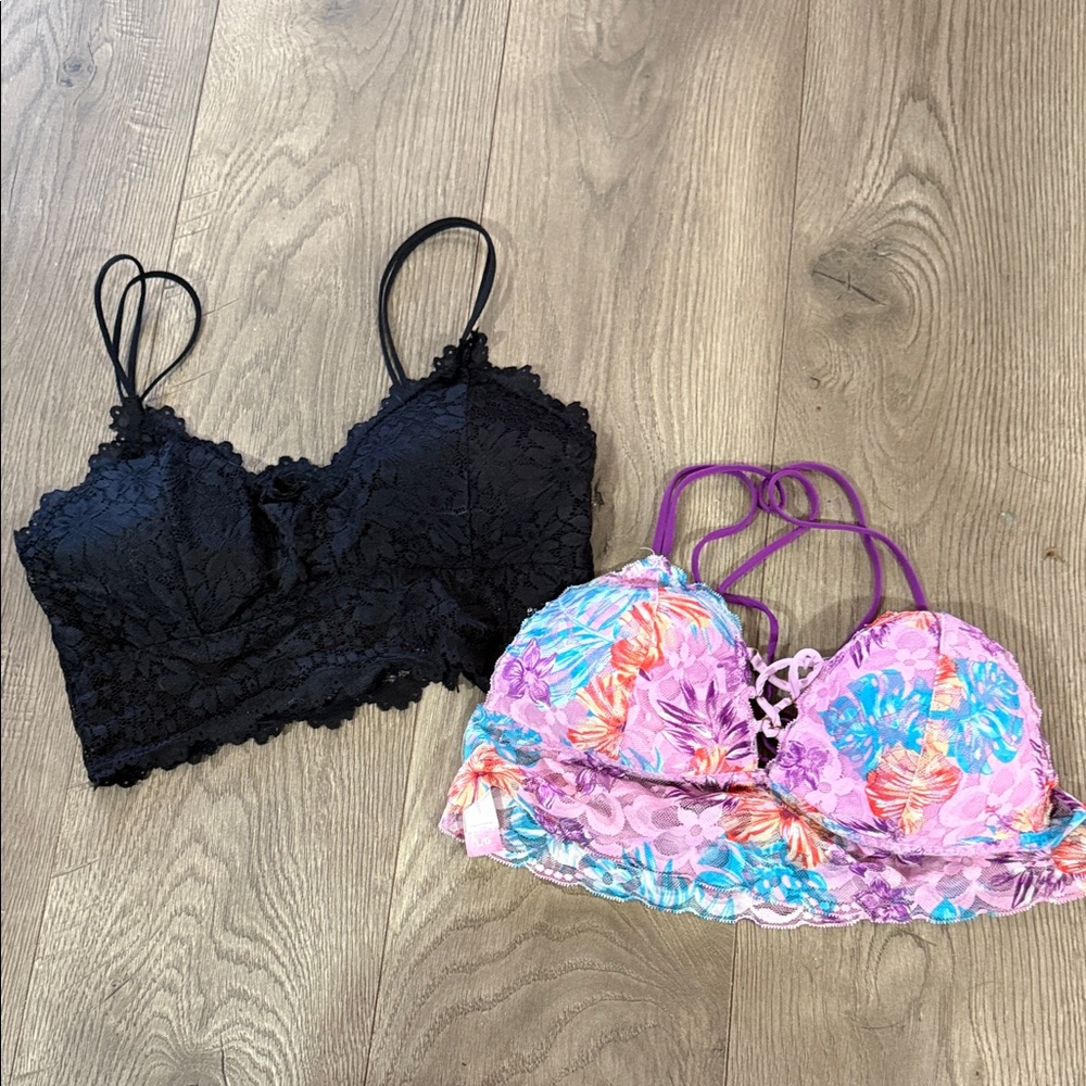 Floral Lace Bralette Set - Black and Multicolor